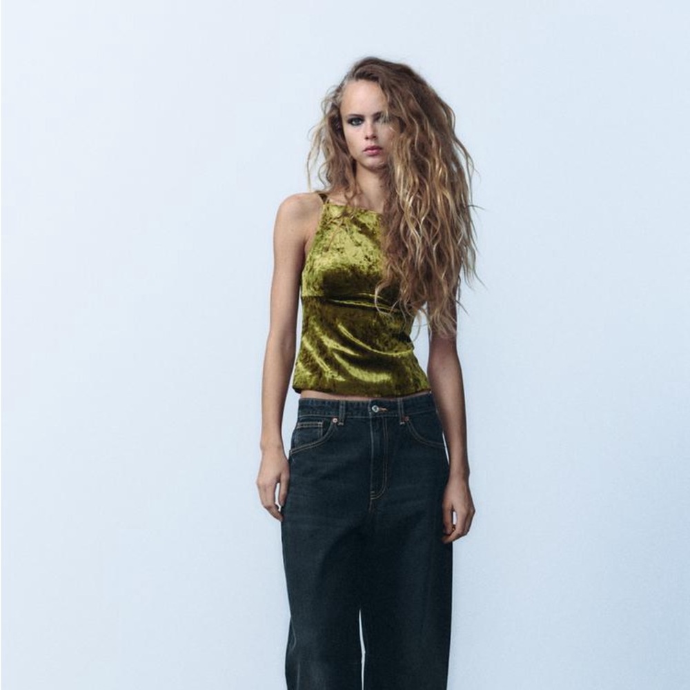 NWT Zara Velvet Bows Top in Olive Green - Small